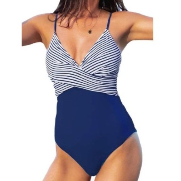 Cupshe Other - Cupshe One Piece Swimsuit Blue Striped Twist Top High Coverage Adjustable XL New